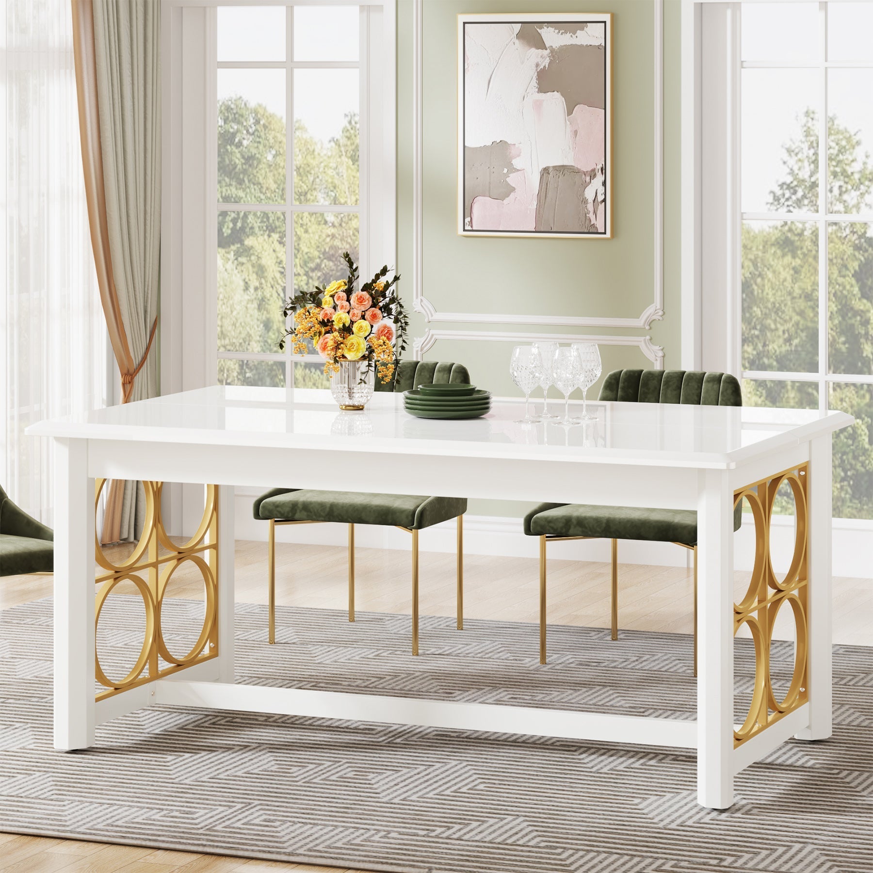63” Dining Table with Gold Metal & Glossy Surface for 4-6 People Tribesigns